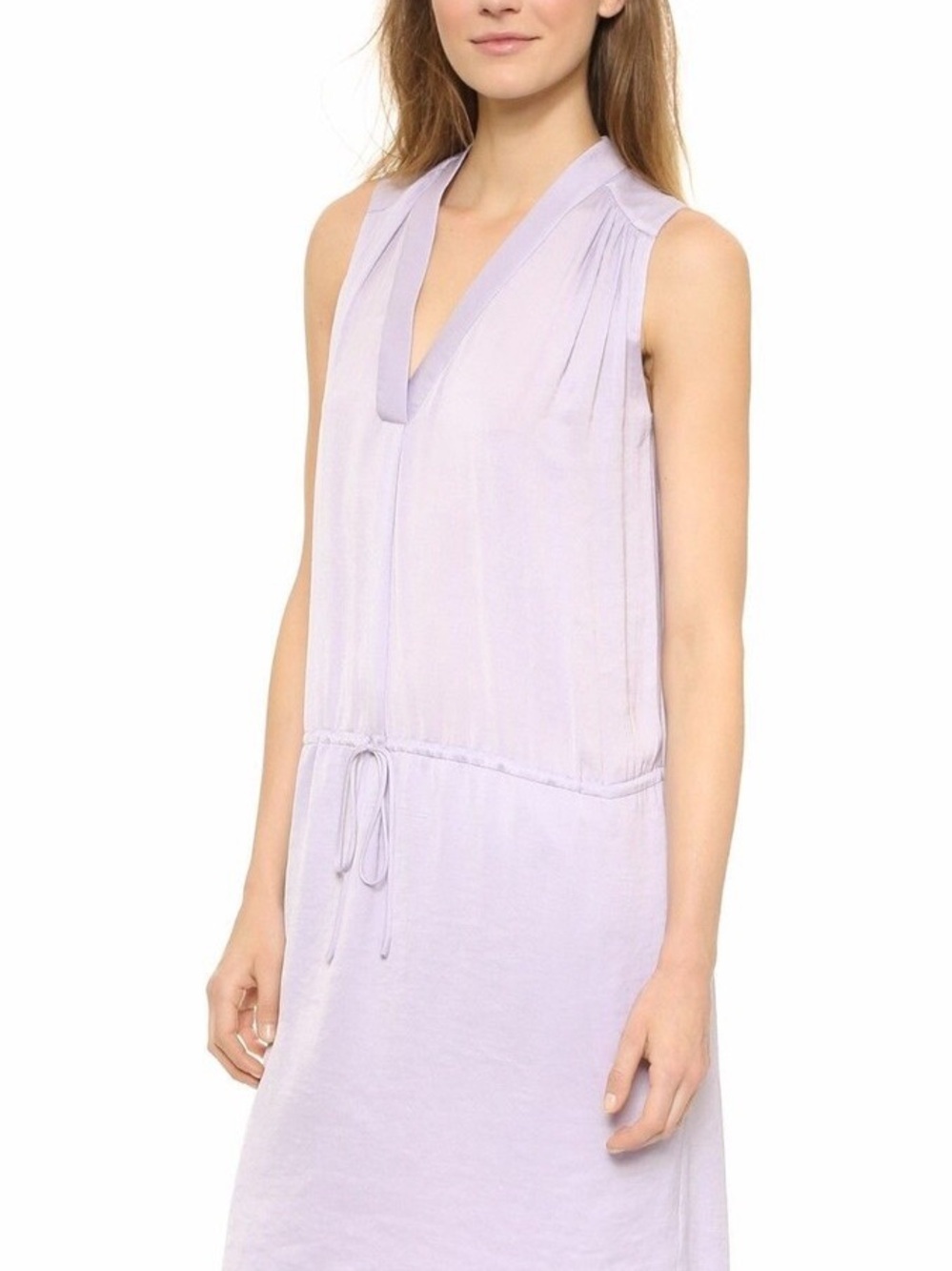 Vince Washed Satin Shirred Shoulder V Neck Drawstring Waist Lavender Dress